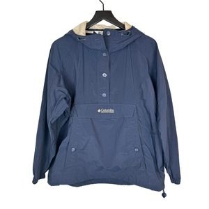 Vintage Columbia Pullover Jacket Womens Large Navy Button Hooded Windbreaker